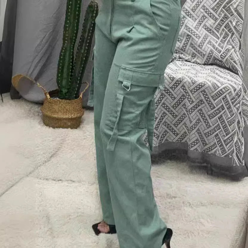 White Elegant Cuffed Cargo Pants Spring Summer Hollow Out High Waist