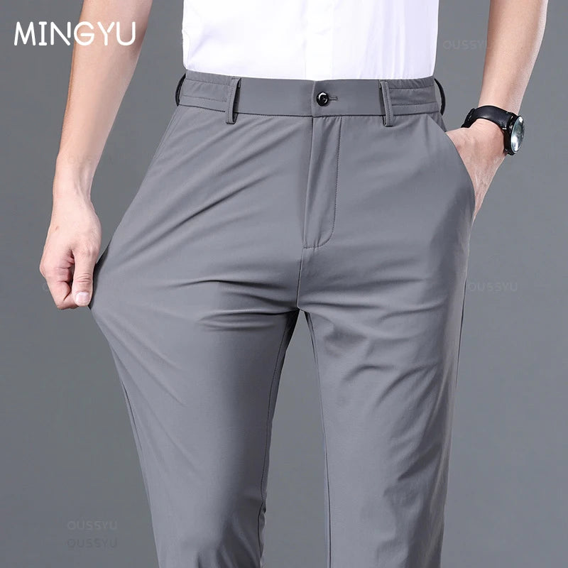 Summer Good Stretch Smooth Trousers Men Business Elastic Waist Korean Classic Thin Black Gray Blue Brand Casual Suit Pants Male