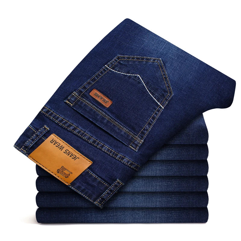 Mens Classic Jeans Solid Color Business Work Pants Straight Denim Casual Pants