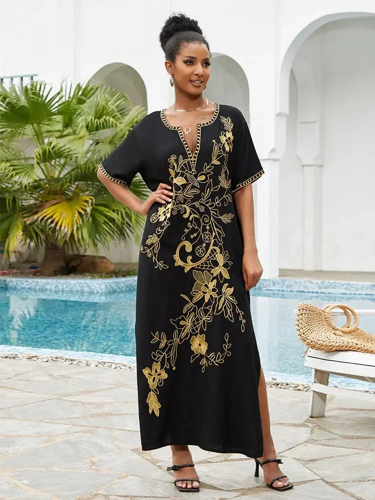 2024 Vintage Embroidery Kaftan Sexy V-neck Batwing Sleeve High Waist Maxi Dress Tunic Women Clothing Summer Beach Dresses Q660
