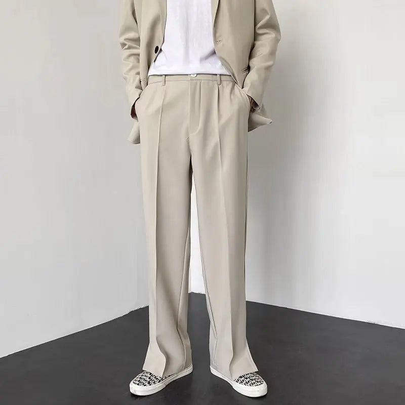 Men Straight Casual Pants 2023 Summer New Korean Style Baggy Personality Slit Wide Leg Blazer Pants Trousers Male Streetwear