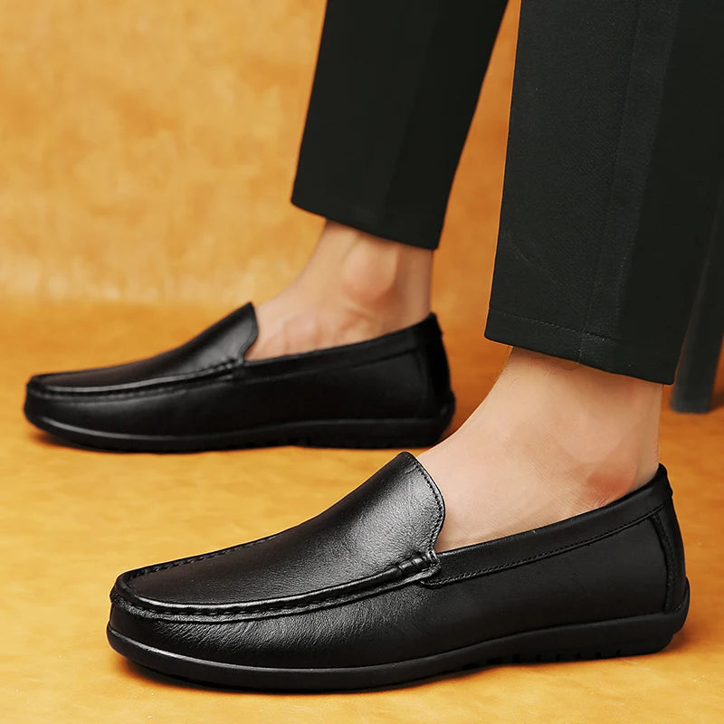Spring Genuine Leather Men's Loafers Handmade Moccasins Casual Shoes Soft Sole Mens Business Flat Brown Minimalist Leather Shoes