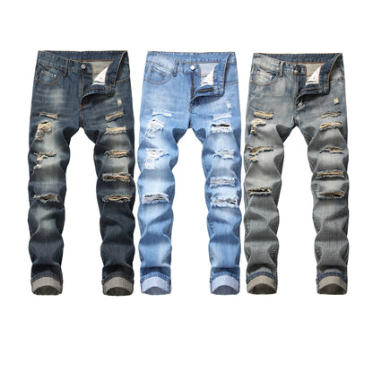 Fall New Men's Wear Ripped Straight Fit Stretchless Jeans