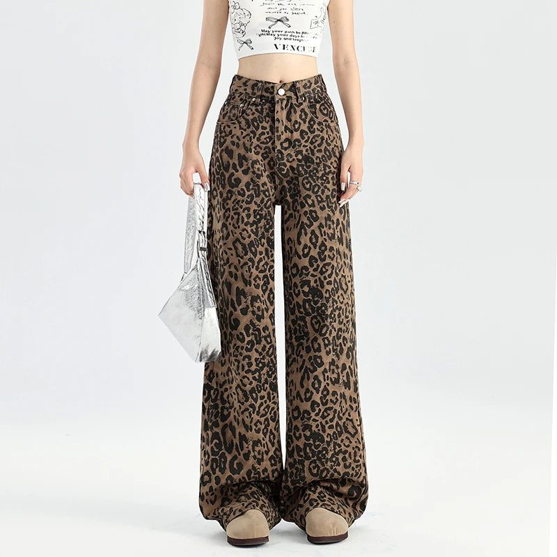 2025 Autumn New American Style High Waist Retro Leopard Print Jeans for Women Straight Loose Wide Leg Floor-Length Pants