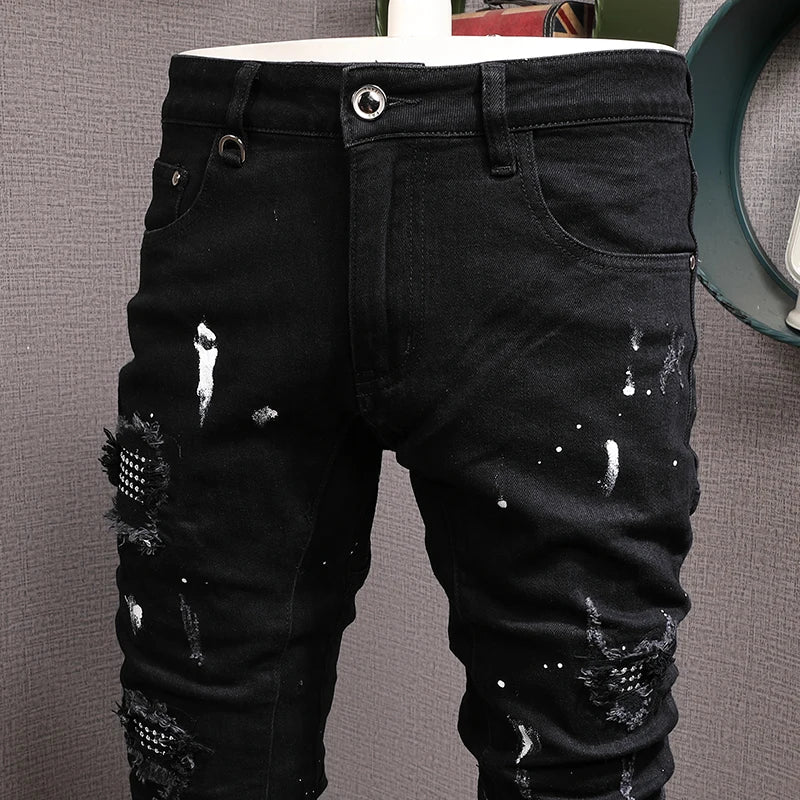 Men Jeans Black Color Stretch Elastic Slim Fit Painted Ripped Jeans
