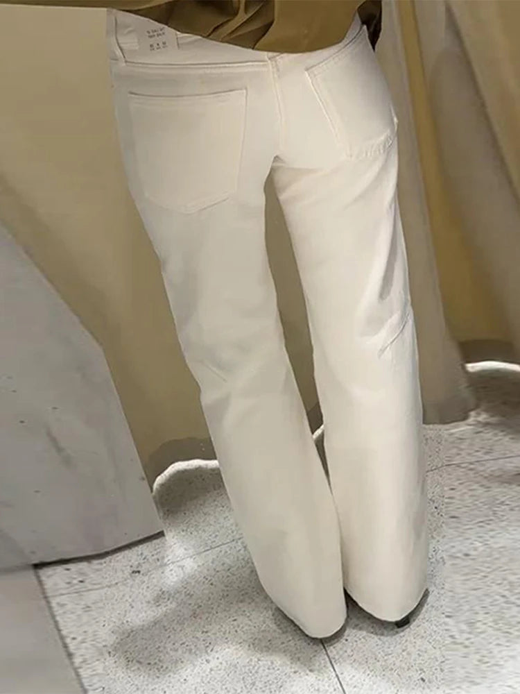 Drawstring Jeans Women Loose White Lace Up Pockets Low Waist Straight Long Pants 2025 Autumn Casual New Fashion Lady Streetwears