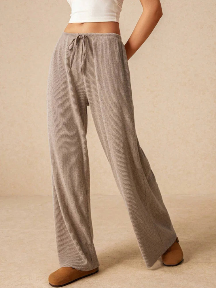 Women's Casual Slim, Simple and Comfortable Daily Versatile Solid Color Drawstring Straight Wide-Leg Trousers