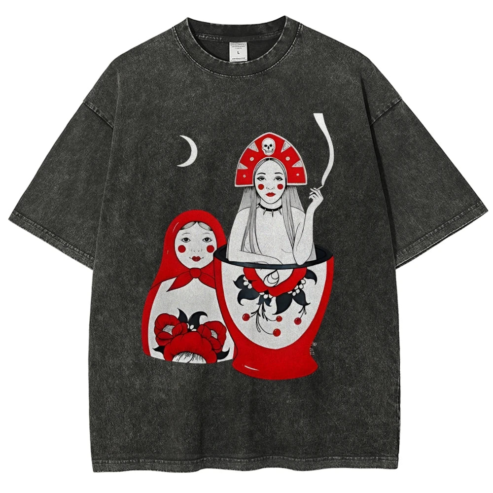 Russian Doll Pattern, Cute Style, Y2k Graphic Tee, Women's Oversized T-Shirt, Cute Hand-Painted Bunny, Korean Style Art, Summer