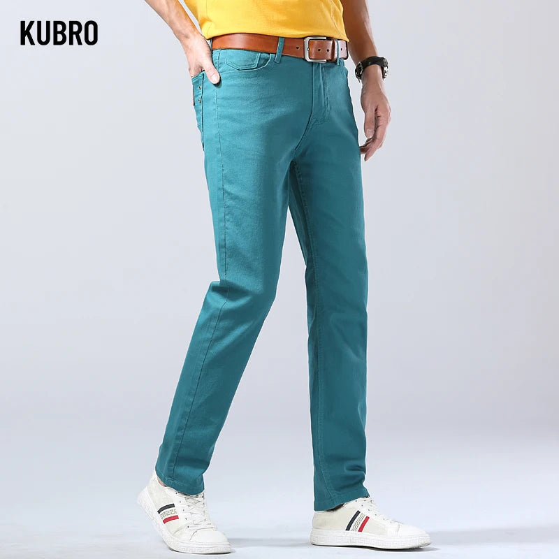 2024 Autumn New Men's Bright Stretch Fit Jeans Trendy Denim Straight-leg Trousers Male Red Lake Blue Yellow Trousers