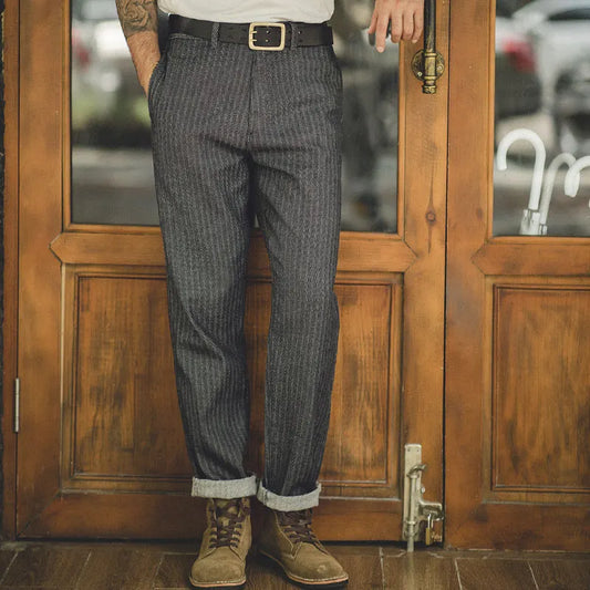 Men's Vintage Gray Vertical Stripe Jeans Mid-rise Straight Pants