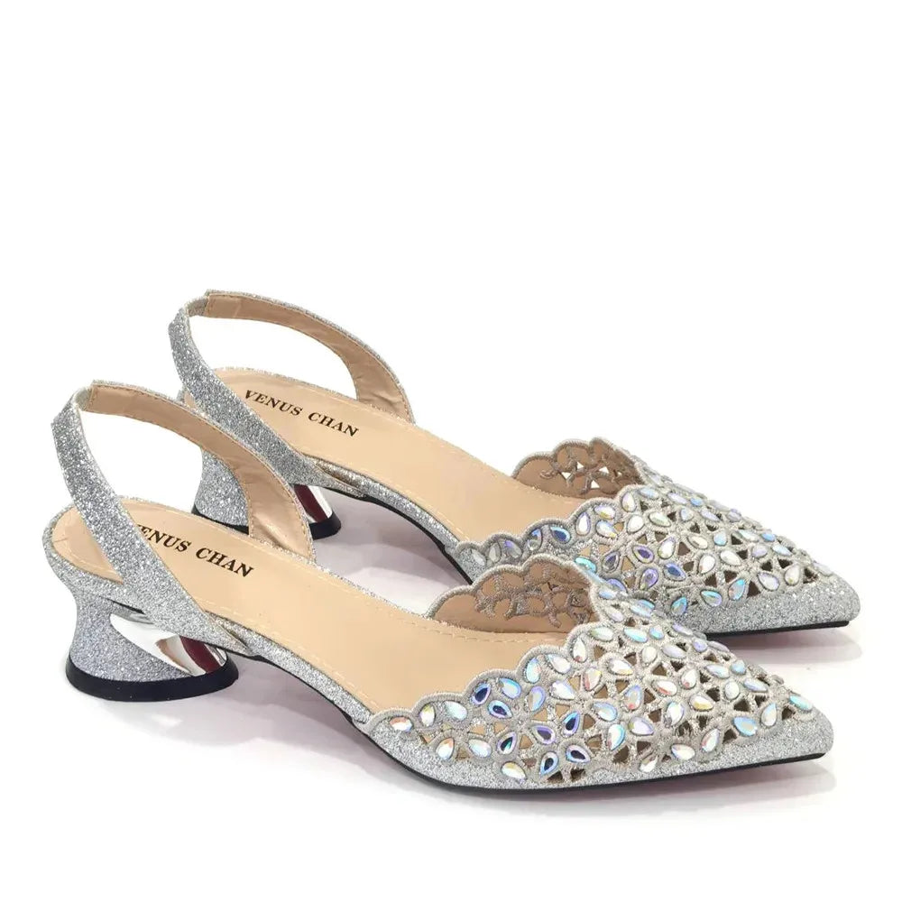 Women's High Heel Pointed Toe Sandals Party Silver Color Shoes and Bags Set