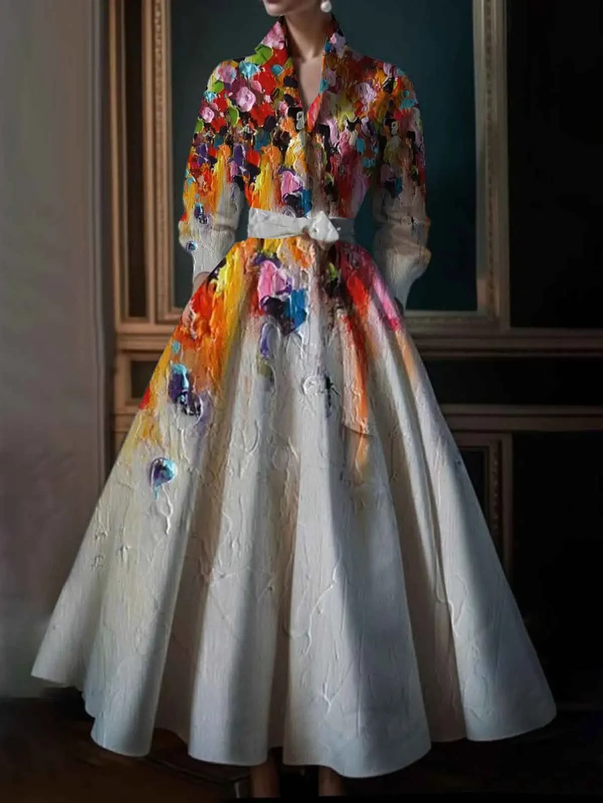 Vintage Floral Printing A-Line Dress Multicolor Turndown Collar