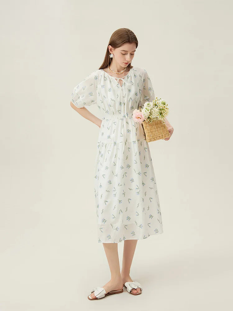 FSLE French Embroidery Floral Design Summer Long Dress For Women Lantern Sleeve High Waist Loose Dress 24FS12269