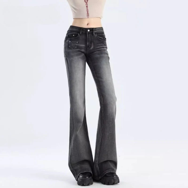 Yitimuceng Vintage Y2K Flared Jeans Women Korean Button-Up Low Rise Casual Denim Pants Female Elastic Slim Fit Jean Trousers