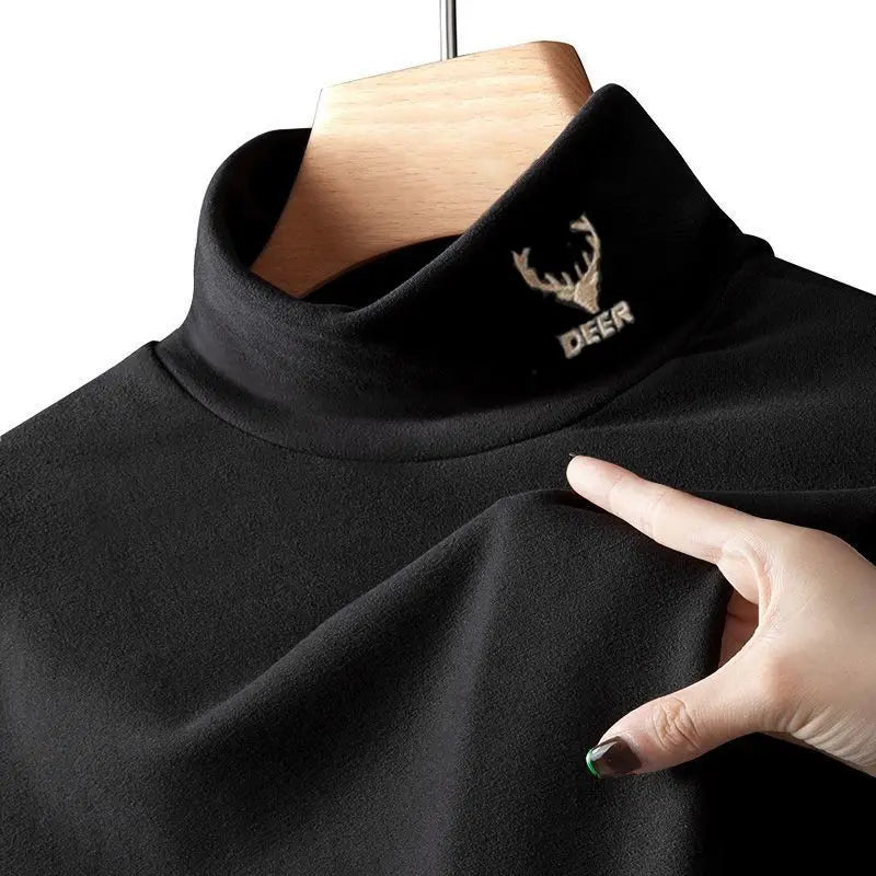 New Pullover Thickened Double-Sided Velvet Fleece Men's Long Sleeve T-Shirt High Collar for Autumn and Winter Casual Wear Tee