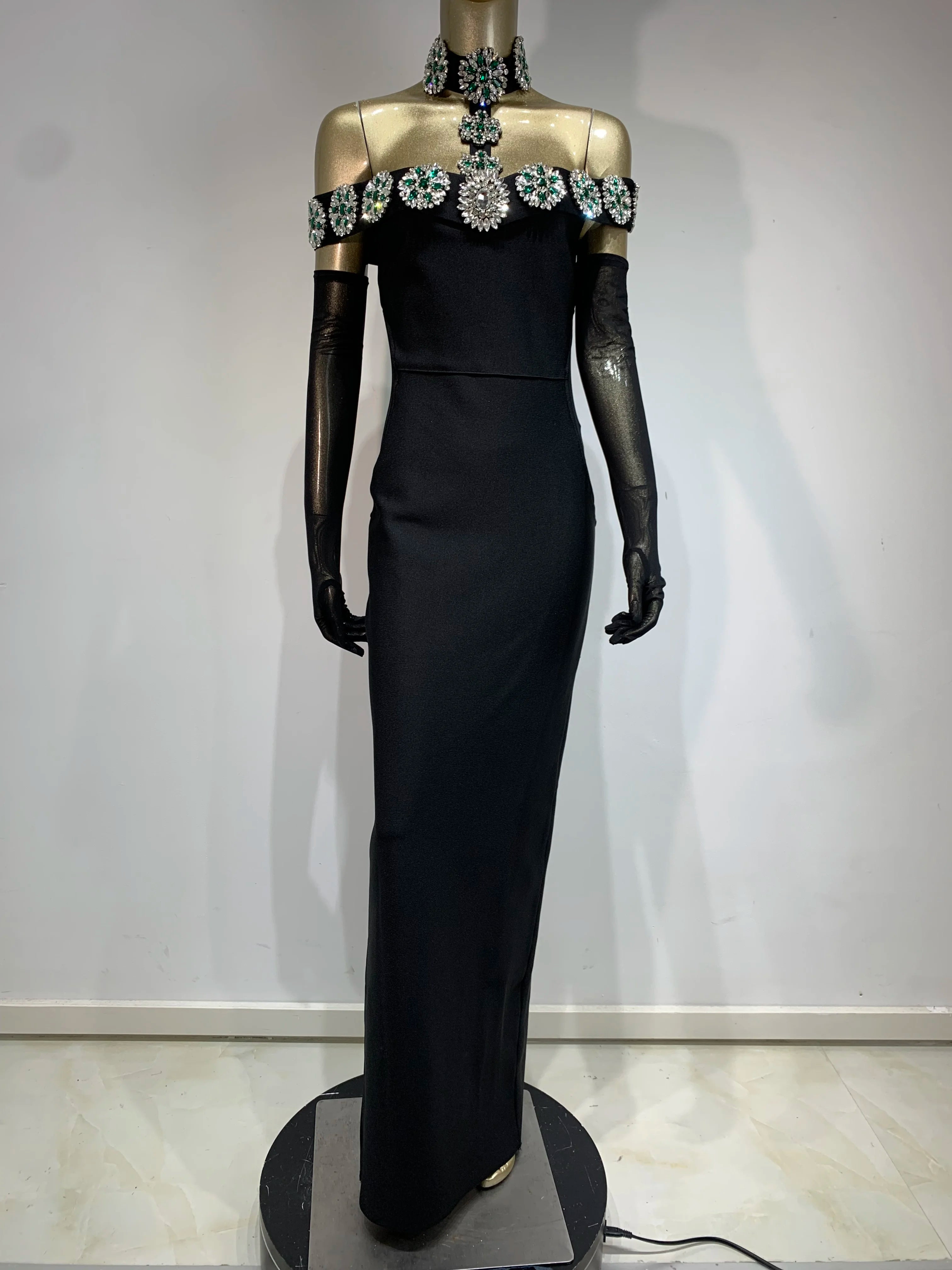 Bandage Dress Women Celebrity Sexy Diamonds Crystal Black Maxi