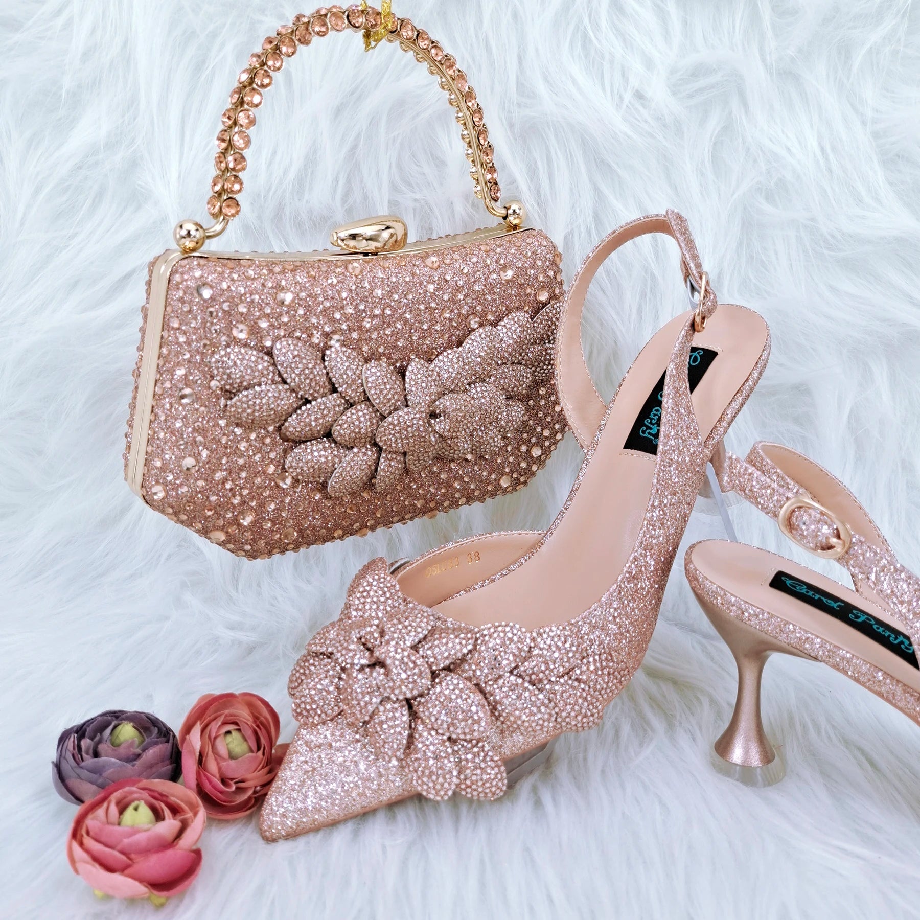 Handmade Garland Gag and Shoes Pointed Toe Pumps Crystal Handle Clutch