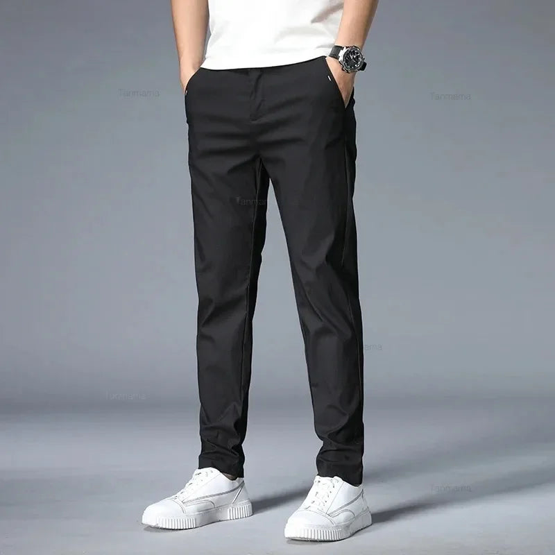 Summer Ultra-thin Men's Casual trousers Slim Straight Elastic Ice Silk Sports Jogging Pants Fashion Korean Black Khaki Green