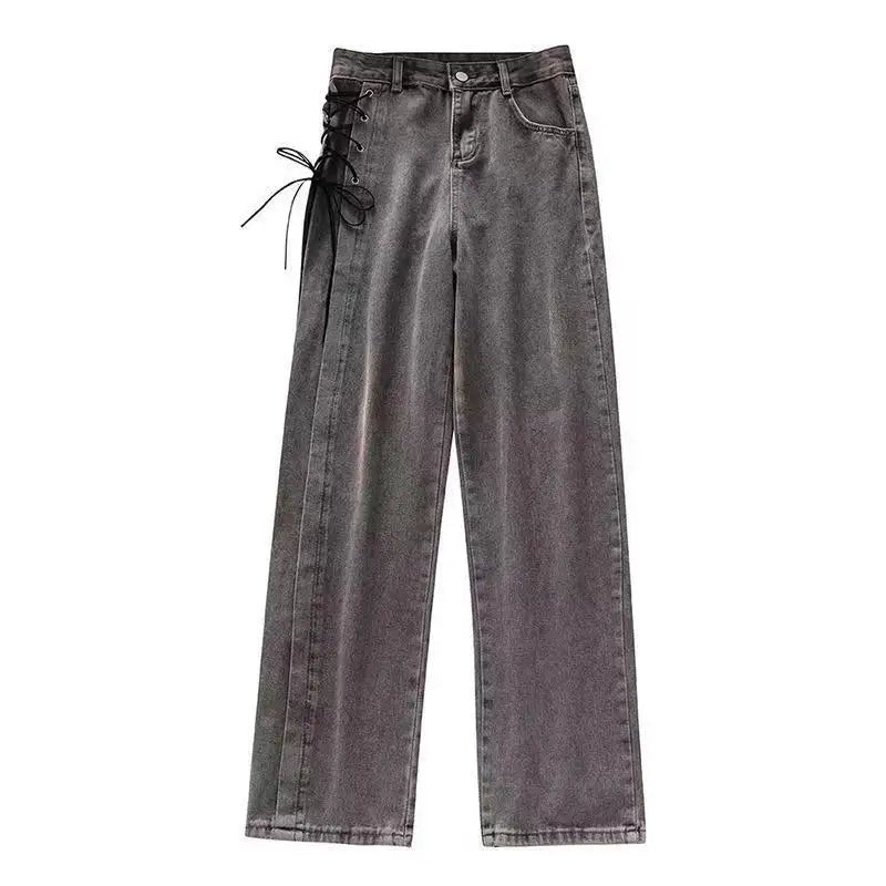 Casual Jeans Women Denim Pants Straight Trousers Autumn Spring Fashion Female Vintage Solid Lace Up Jeans Wide Leg Pants