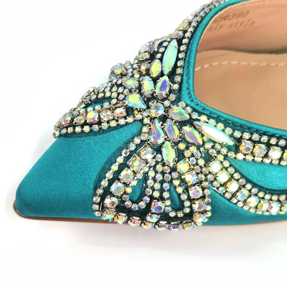 Elegant Green Bling Bow Pointed Toe Pumps for Women and Bags