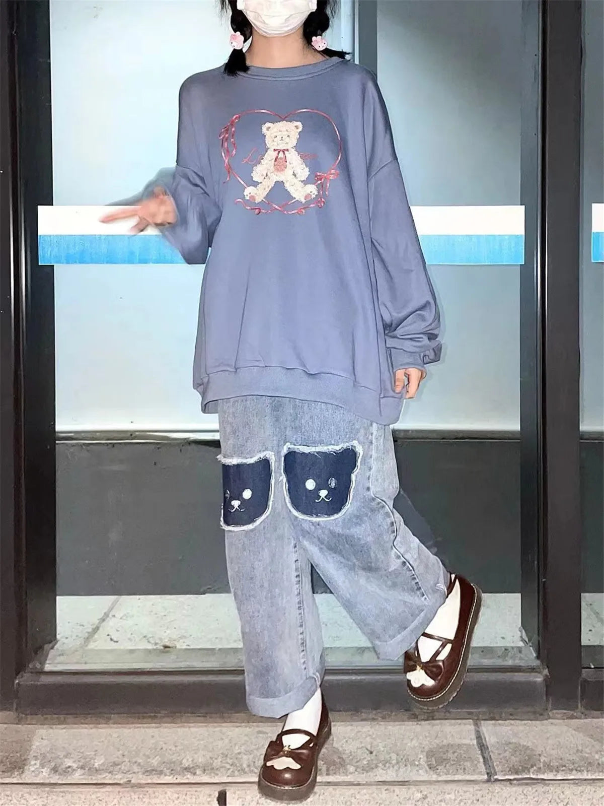 2023 Cute Hip Hop Bear Jeans Girls Cool Harm Pants Trousers Female Punk High Waist Denim Baggy INS Autumn Harajuku Jeans Femme