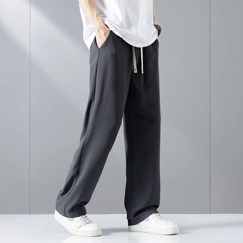 Size M-5XL Loose Straight Mens Casual Pants Fashion Streetwear Korean Cool Ice Silk Trousers Quick-dry Jogging Man Sweatpants