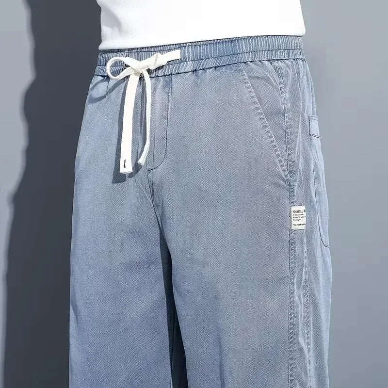 2025 New Summer Soft Lyocell Fabric Men's Jeans Thin Loose Straight Pants Drawstring Elastic Waist Korea Casual Trousers