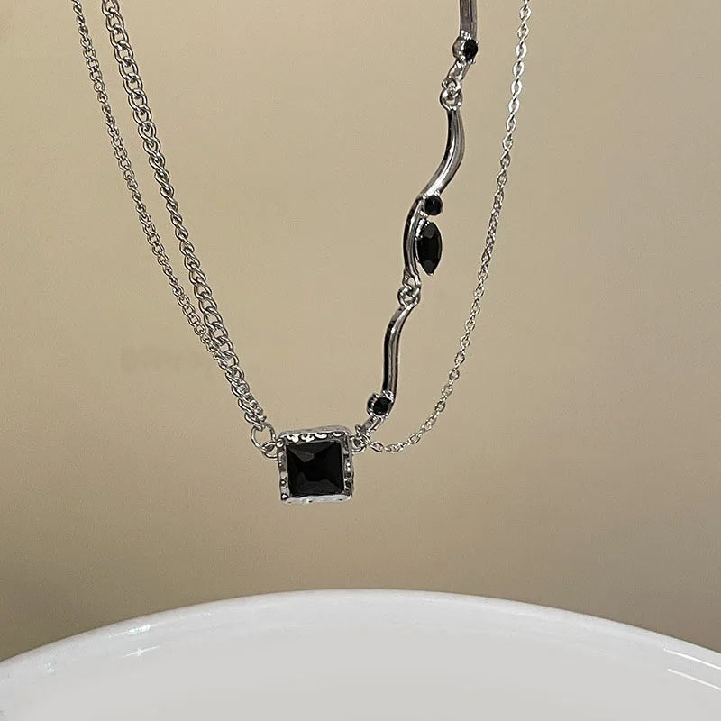 Black Square Pendant Double Layer Necklaces for Women