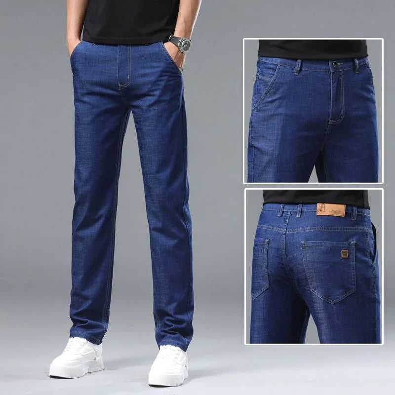 Spring Summer Business Jeans Men Light Blue Casual Straight Stretch Fashion Classic Work Denim Trousers Brand Clothing