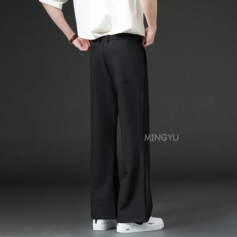 Brand Clothing Summer Smooth Flare Pants Men Business Elastic Waist Suit Flared Trousers Male Korean Work Office Plus Size S-4XL