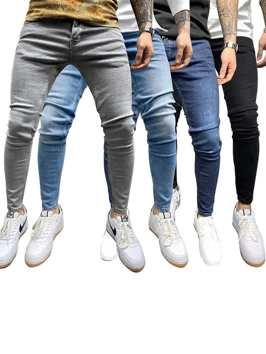 Casual Pants Skinny Stretch Jeans Motorcycle Men Solid Color Jeans