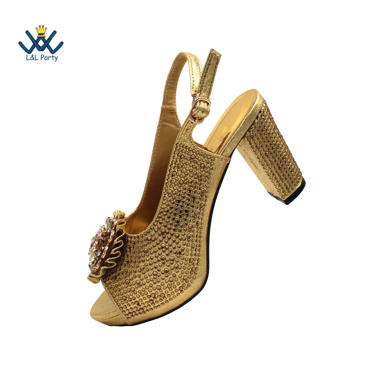 Peep Toe Spring Autumn Lady Shoes and Bag Set in Gold Color