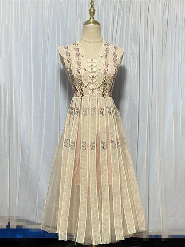 Retro Flower Embroidered Flares Dresses Spring Women V-Neck Sleeveless Long Dress Summer High Waist Big Swing Knee Length Dress