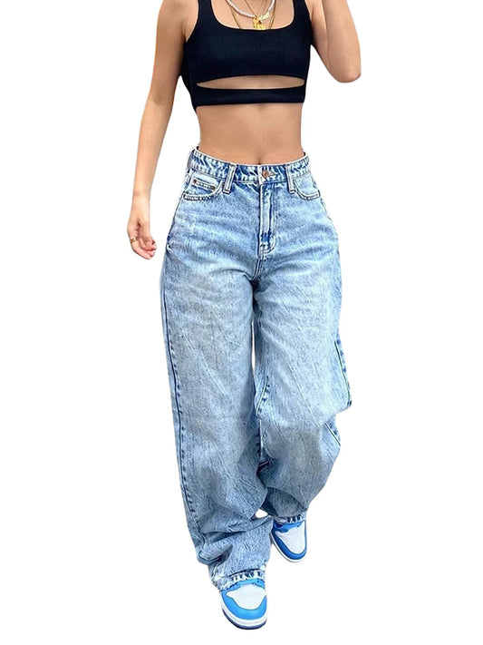 Women Straight Wide Leg Baggy Jeans High Waisted Fit Denim Pants