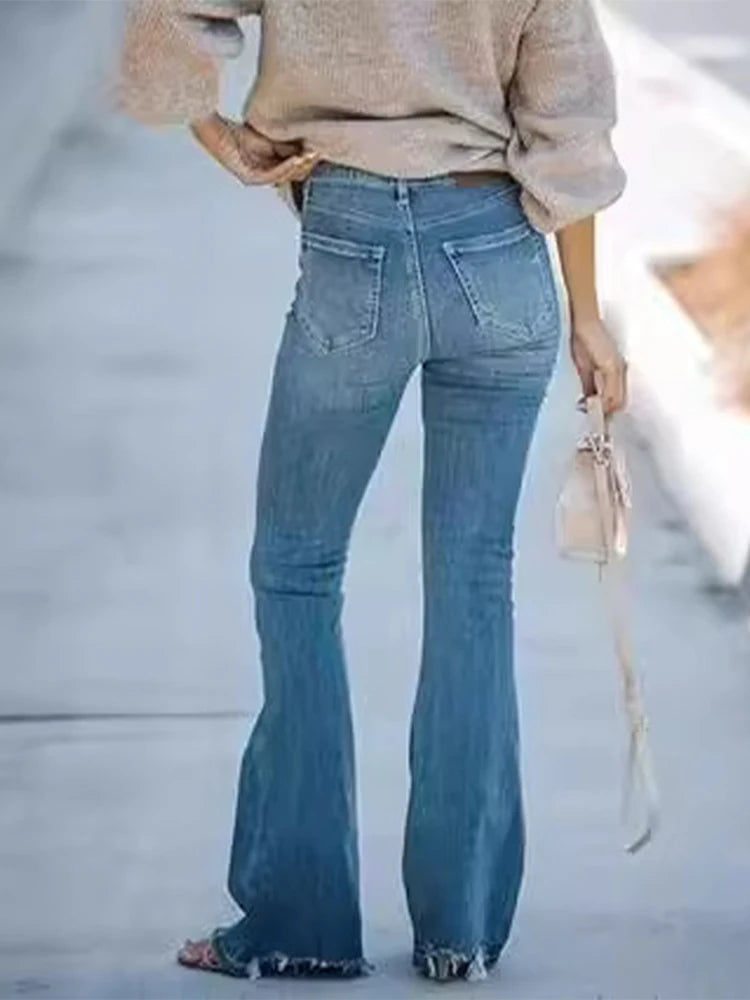 Denim Pants with Pocket Women Vintage Midi Waist Zipper Full Length Trouser Female Do Old Washed Bottom Plus Size Wide Leg Pant