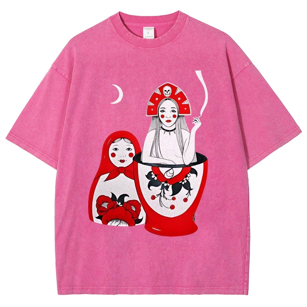 Russian Doll Pattern, Cute Style, Y2k Graphic Tee, Women's Oversized T-Shirt, Cute Hand-Painted Bunny, Korean Style Art, Summer