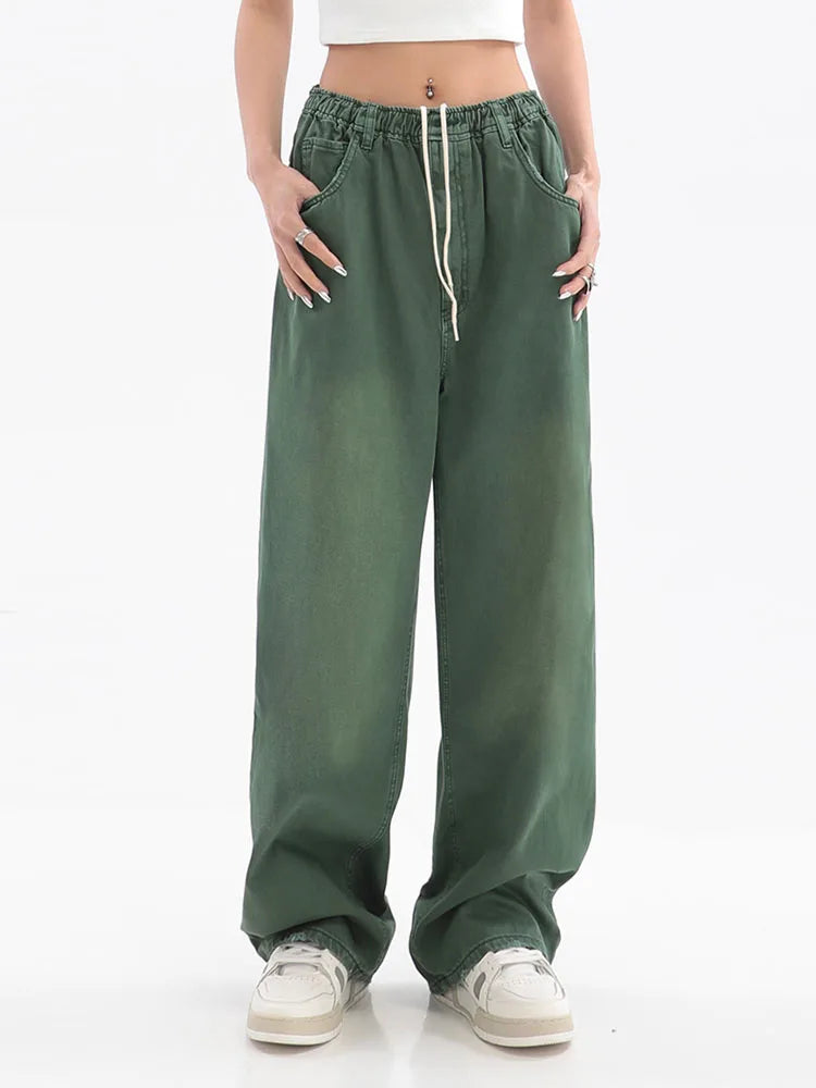 2025 Women American Vintage Baggy Jeans Elastic Waist Oversized Long Trouser Denim Pant Wide Leg Streetwear Straight Basic Daily