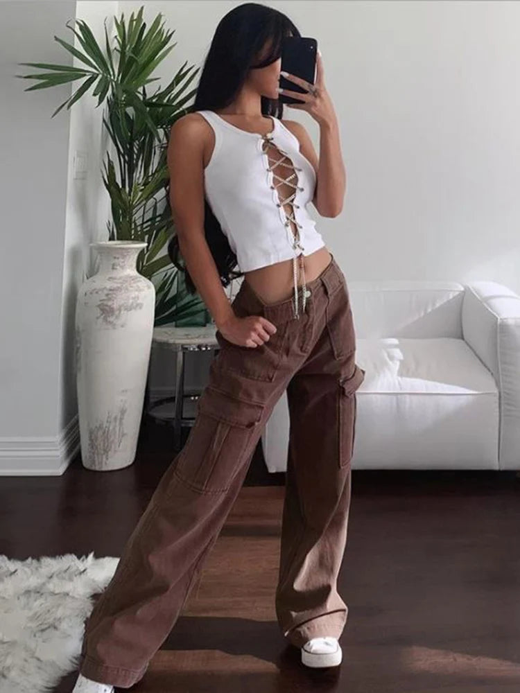 Women Wide Leg Baggy Brown Jeans Lady Vintage Y2K Punk High Waist Loose Denim Cargo Pants Streetwear Pockets Oversized Trousers