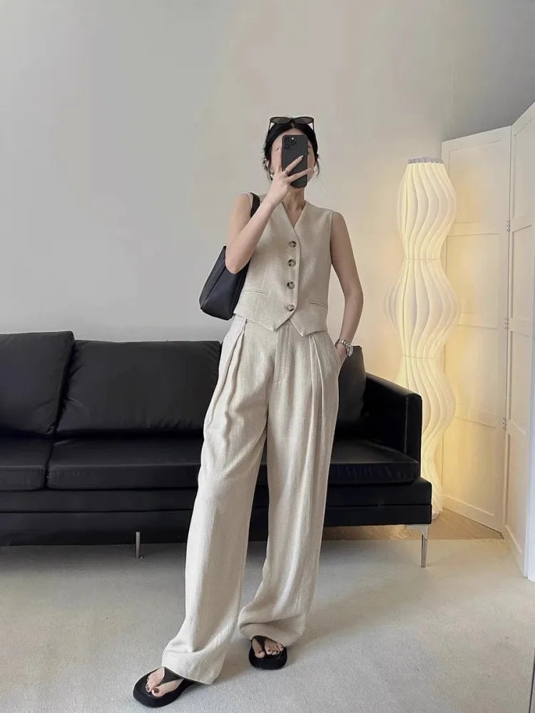 Women Casual Weaving Linen Sleeveless Sets