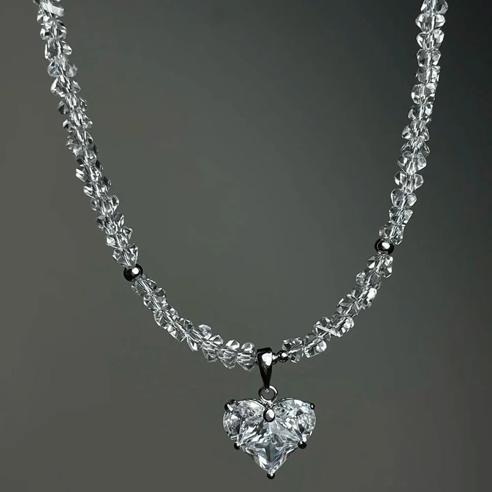 Irregular Beads Chain With Crystal Heart Pendant Necklace for Wome