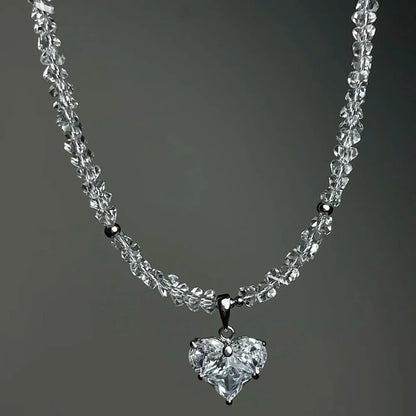 Irregular Beads Chain With Crystal Heart Pendant Necklace for Wome