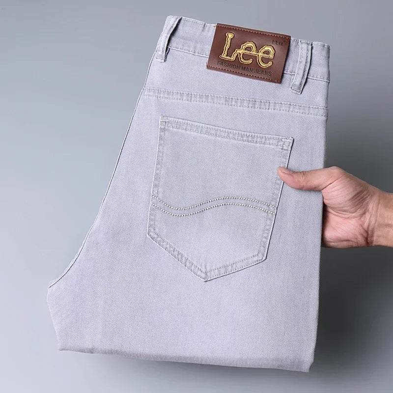 Lee Dex Cross-Border Trade Men's Straight-Leg Slim Fit Jeans Spring Summer Thin Light Grey Stretch Business Youth Casual Denim