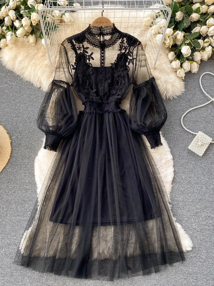 Three-dimensional Flower High Waist Slim Female Dresses