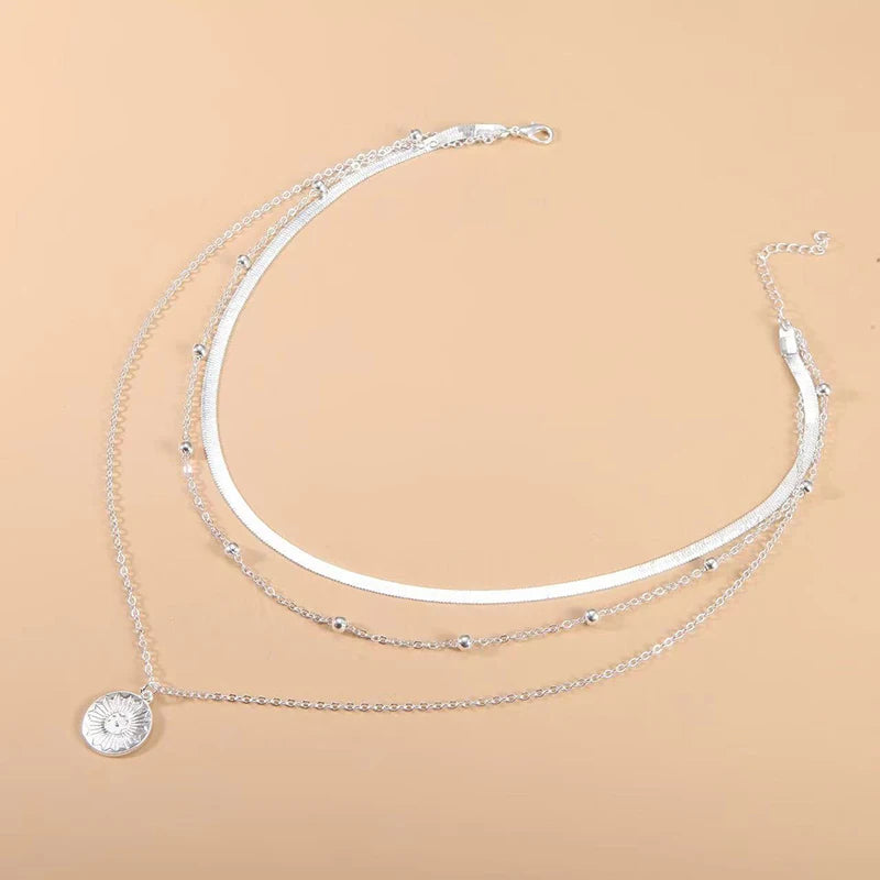 Sterling Silver Three-Layer Round Necklace For Women