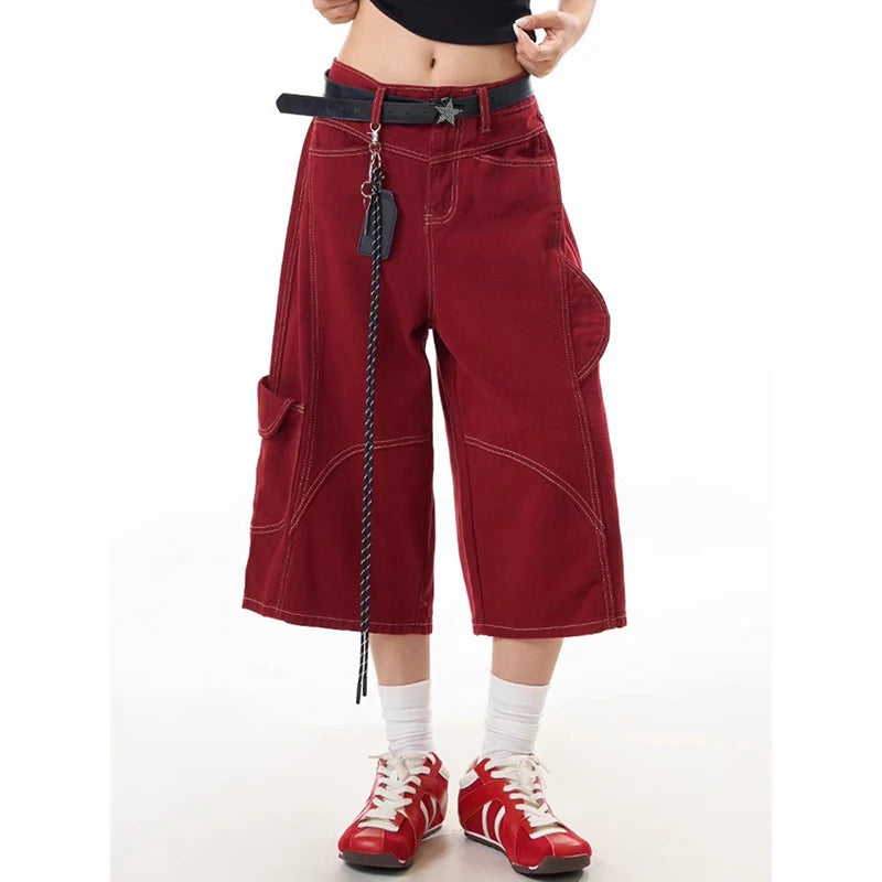 ZHIZOU American Black Jeans for Women High Waisted Wide Leg Baggy Cargo Denim Shorts 2000s Y2k Vintage Streetwear Short Jeans