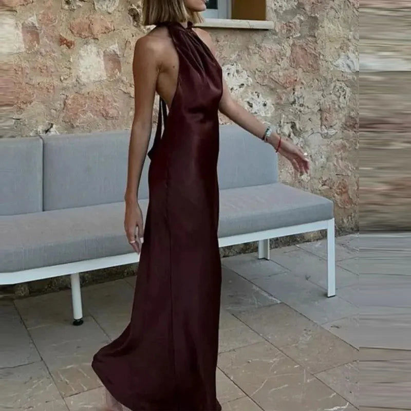 Halter Satin Long Dress Women Tied Backless Brown Midi Dress