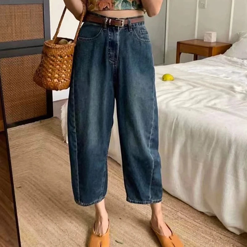 2024 Spring/summer High Waist Jeans for Women Blue Washed Casual Pants Korean Minimalist Patchwork Jeans Women's Clothing