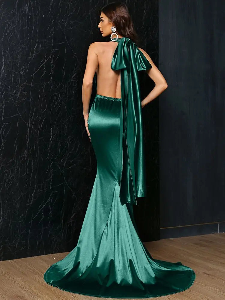Deep V-Neck Halter Bowknot Backless Maxi Evening Prom dress