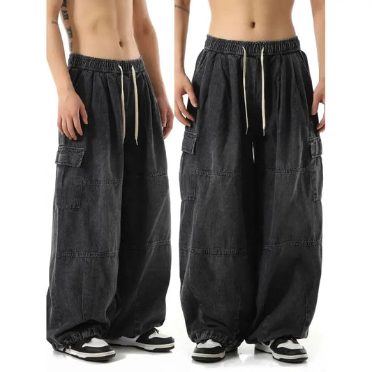 Y2k Black Baggy Cargo Jeans Trousers Men Streetwear Denim Pants