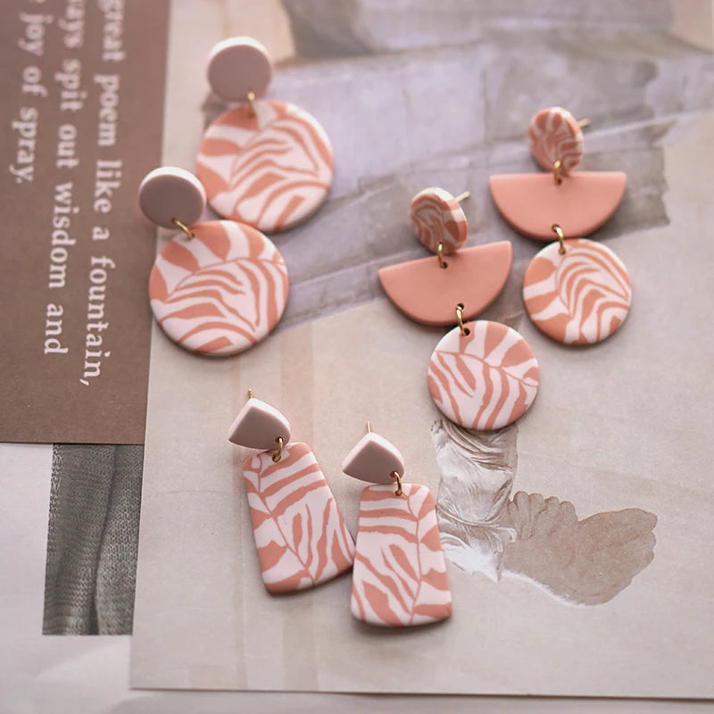 Floral Leaf Zebra Pattern Dangle Pendant Clay Earrings